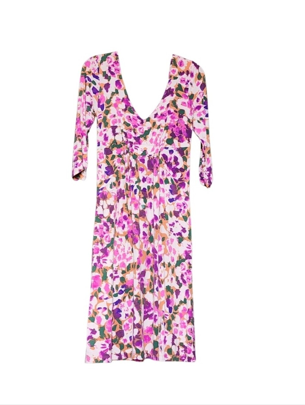 CAbi Pink Floral V-Neck Long Sleeve Midi Dress